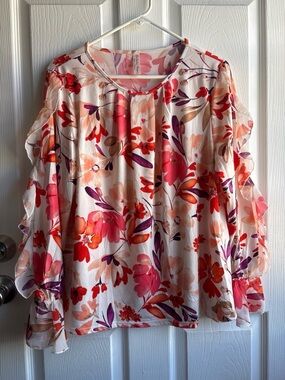 Per Seption Concept Women's XL Multicolor Floral Sheer Chiffon Ruffle Blouse